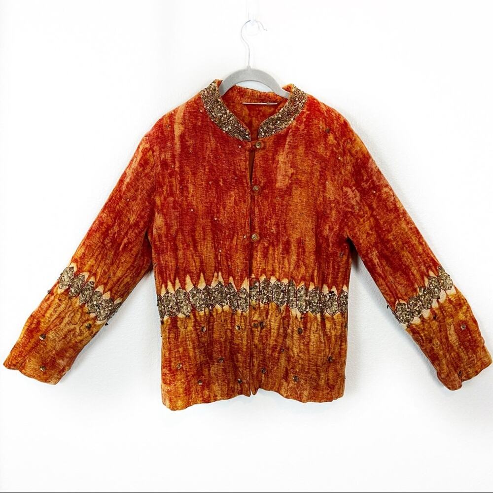 Soft Surroundings Crushed Velvet Jacket Orange Sequin Stunning Unique SZ M